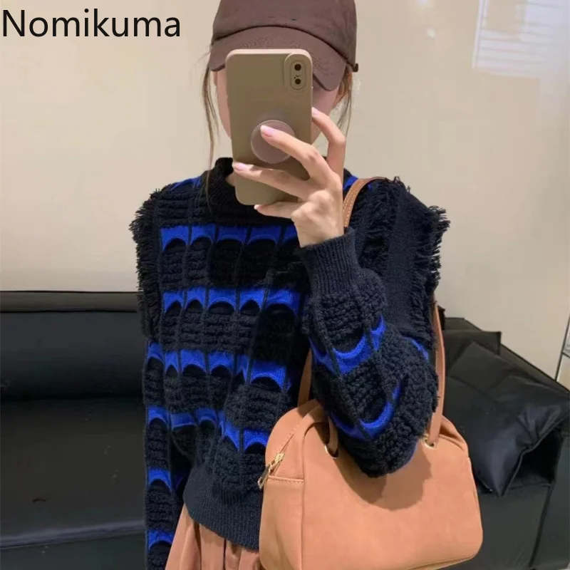 

Nomikuma Sweater Women Autumn Winter Contrast Color Striped Tassel Patchwork Pullover Women Vintage Elegant Sueters De Mujer
