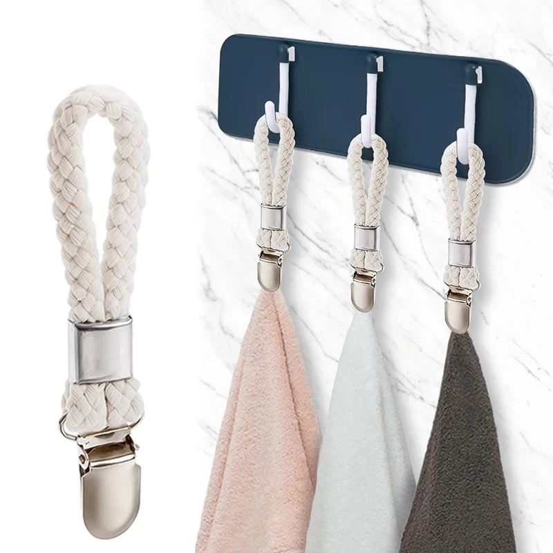 

2PCS Bathroom Towel Clips Braided Multipurpose Cotton Loop Metal Clamp Kitchen Storage Clips Home Socks Clothes Hanger