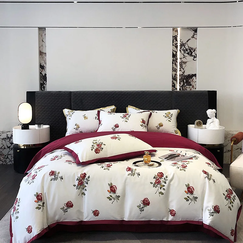 

White Red Patchwork Luxury Bedding Set 1000TC Egyptian Cotton Rose Pattern Duvet Cover Set Flat/Fitted Bed Sheet Pillowcases