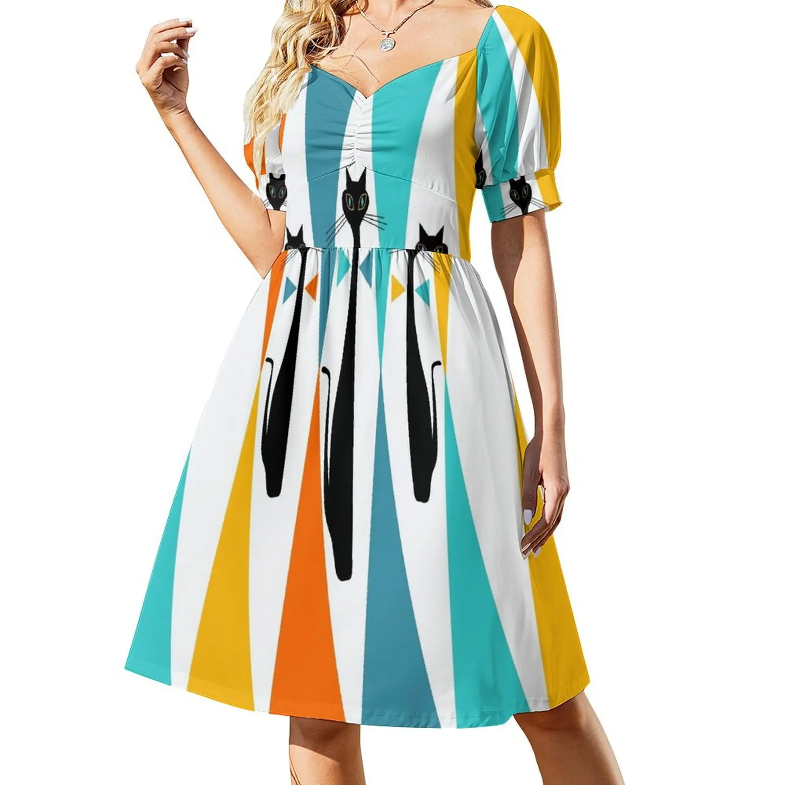 MidCentury Modern Art 10 Jester Cats Платье с короткими рукавами платья для женщин 2025 женские