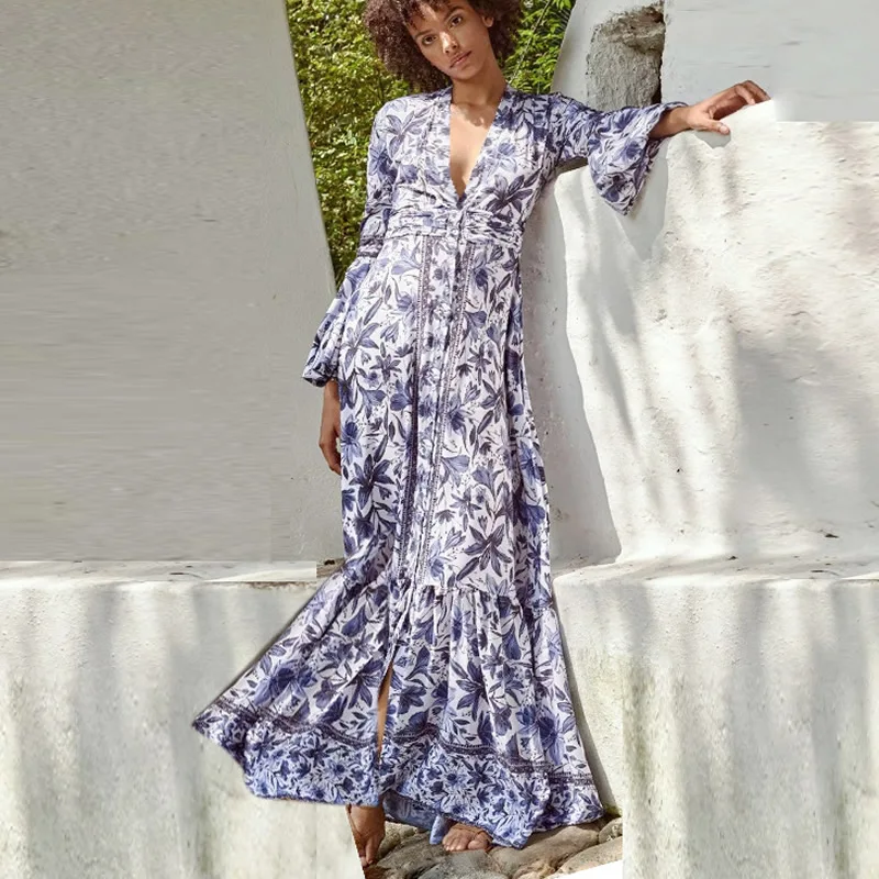

Женское платье с цветочным принтом, рукав-фонарик с V-образным вырезом, платья трапециевидной формы, мода, 2023, новинка, 2023