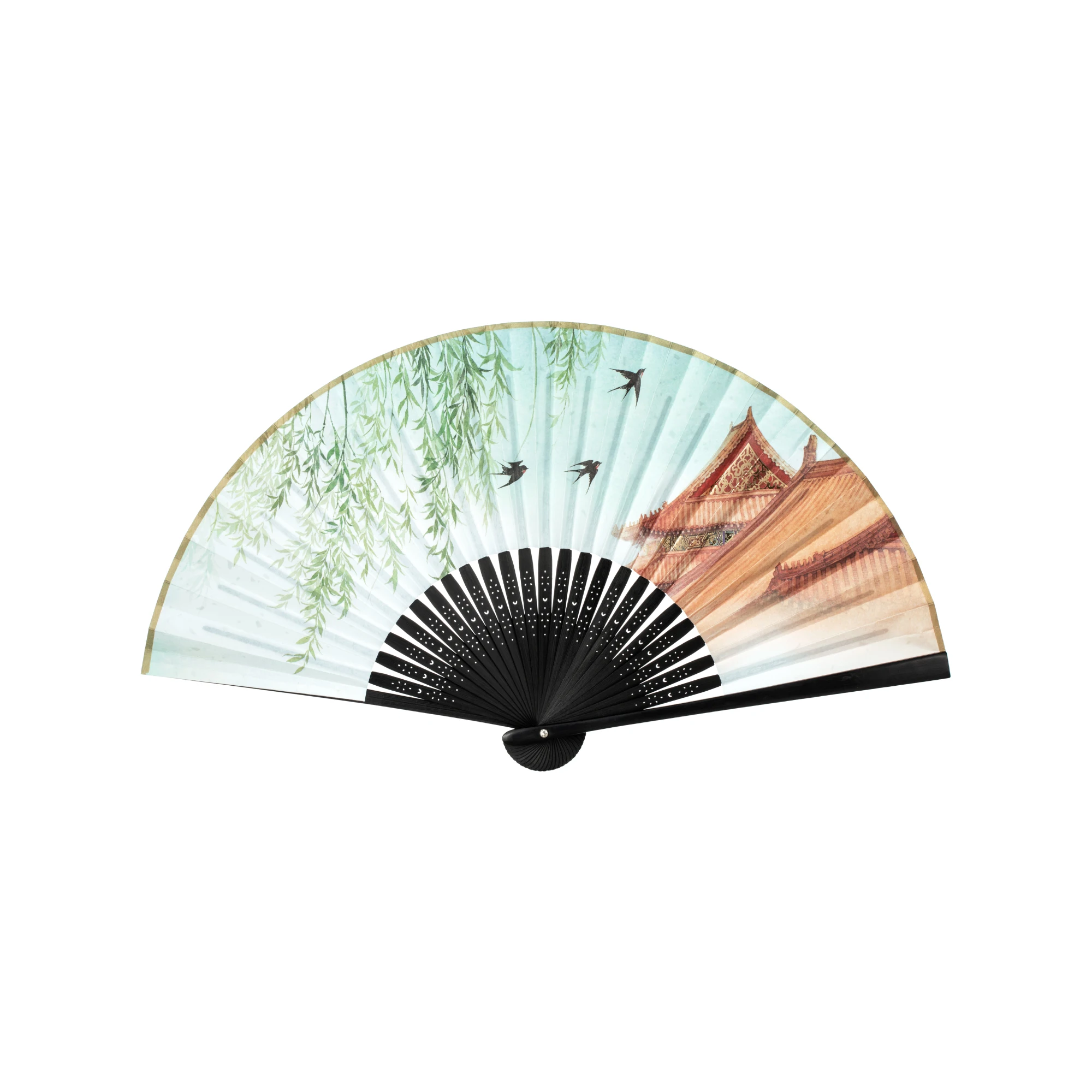 Hand-Painted Forbidden City Four Seasons Fan Folding Fan Chinese Style Ancient Style Han Chinese Clothing Dance Fan Summer