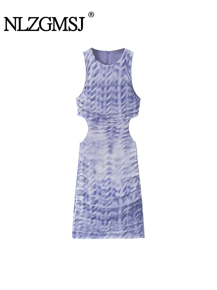 

Nlzgmsj TRAF 2023 Tie Dye Cut Out Dress Woman Ruched Tulle Mini Dress Women Sleeveless Mesh Bodycon Dress Party Short Dresses