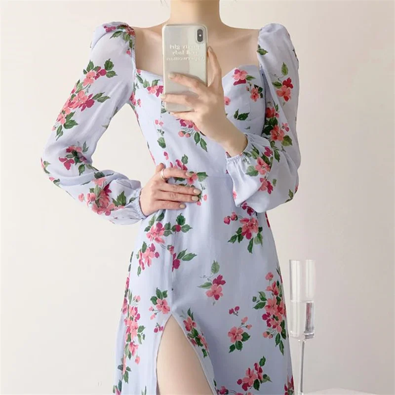 

Новинка женское длинное платье с длинным рукавом в стиле ретро Хепберн с разрезом синее Цветочное платье с квадратным вырезом