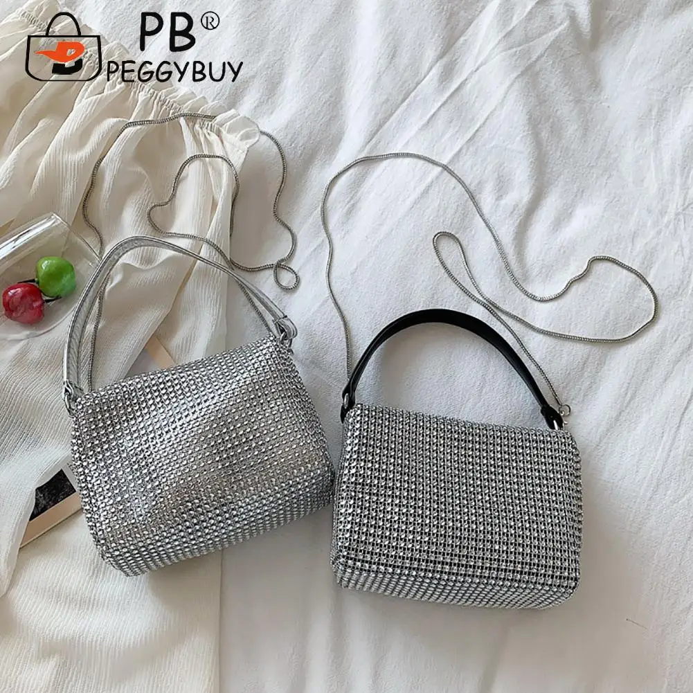 

Fashion New Trend Women Rhinestone Pattern Thin Chain Shoulder Crossbody Bag Casual All-match Zipper Mobile Phone Clutch Purse