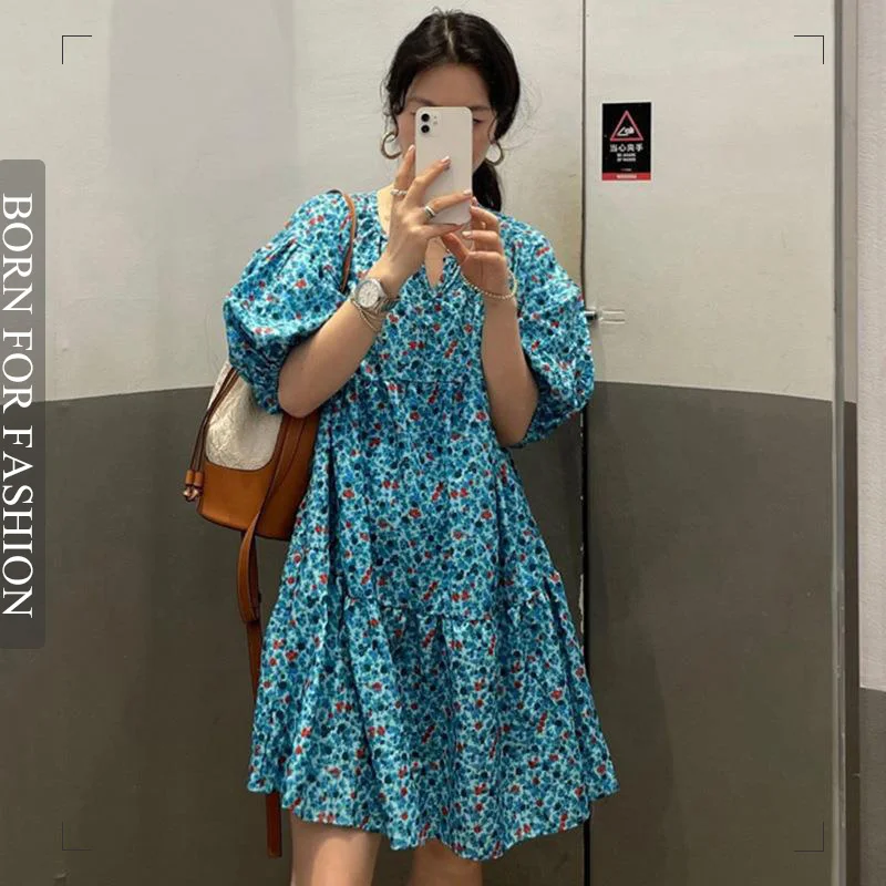 White Oil Painting Fragmented Flower Round Neck Dress 2023 Summer Korea Chic Small Fresh Loose Bubble Sleeve Baby Cake Dresses