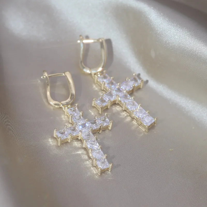 

14K gold plated Korean New Design Fashion Jewelry Luxury Zircon Cross Pendant Earrings Elegant Women's Party Accessories