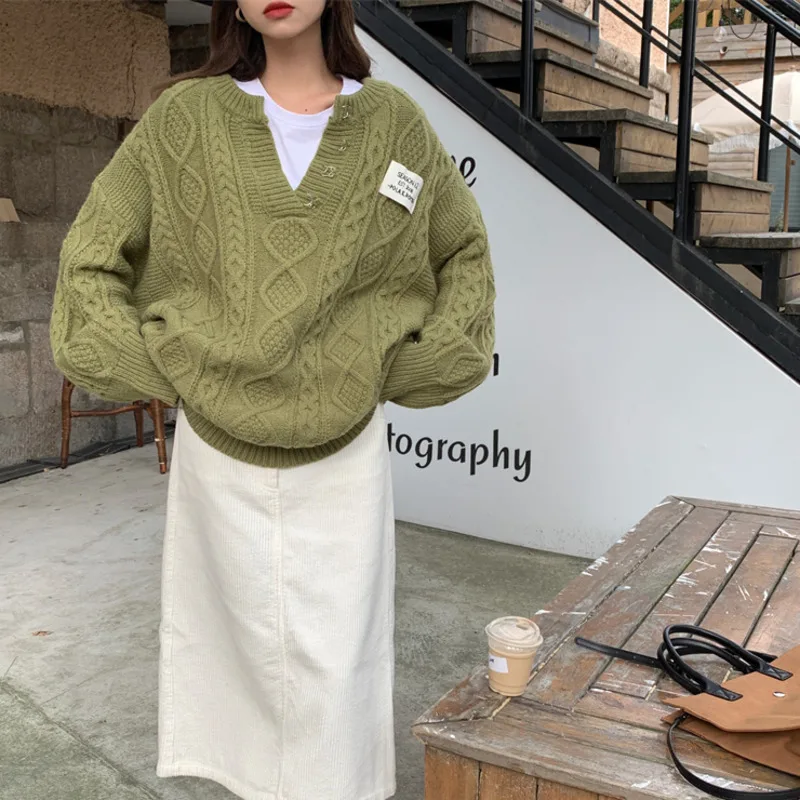 

Vintage Solid Sweater Women Knitted Harajuku V-Neck Long Sleeve Casual Loose O-Neck Pullovers Chic Knitted Sweater Tops