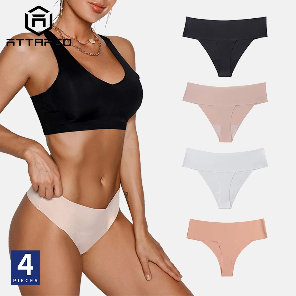 

ATTRACO Women's Seamless Thongs Underwear 4 PCS Solid T Back Sexy Lingerie Soft Panties G-String Tangas