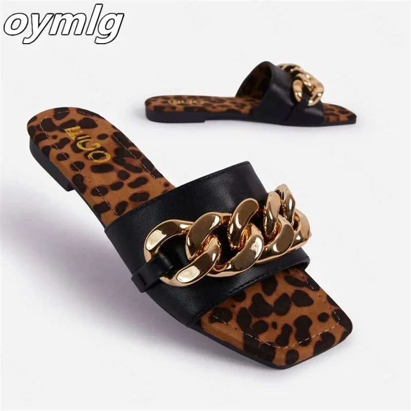 

Candy Color Metal Chain Slippers Square Toe Summer Sandals Shoes Women Open Toe Pu Leather Green Zapatillas Casa Mujer