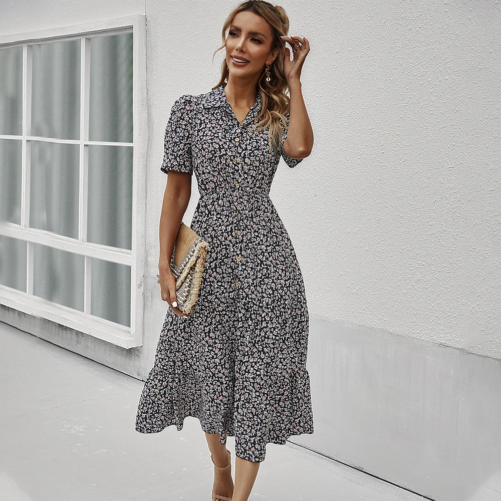 

Summer Dresses for Women Short Sleeves Lapel High Waist Skirt Printing Loose Casual Vintage Vacations Beach Dress Plus Size