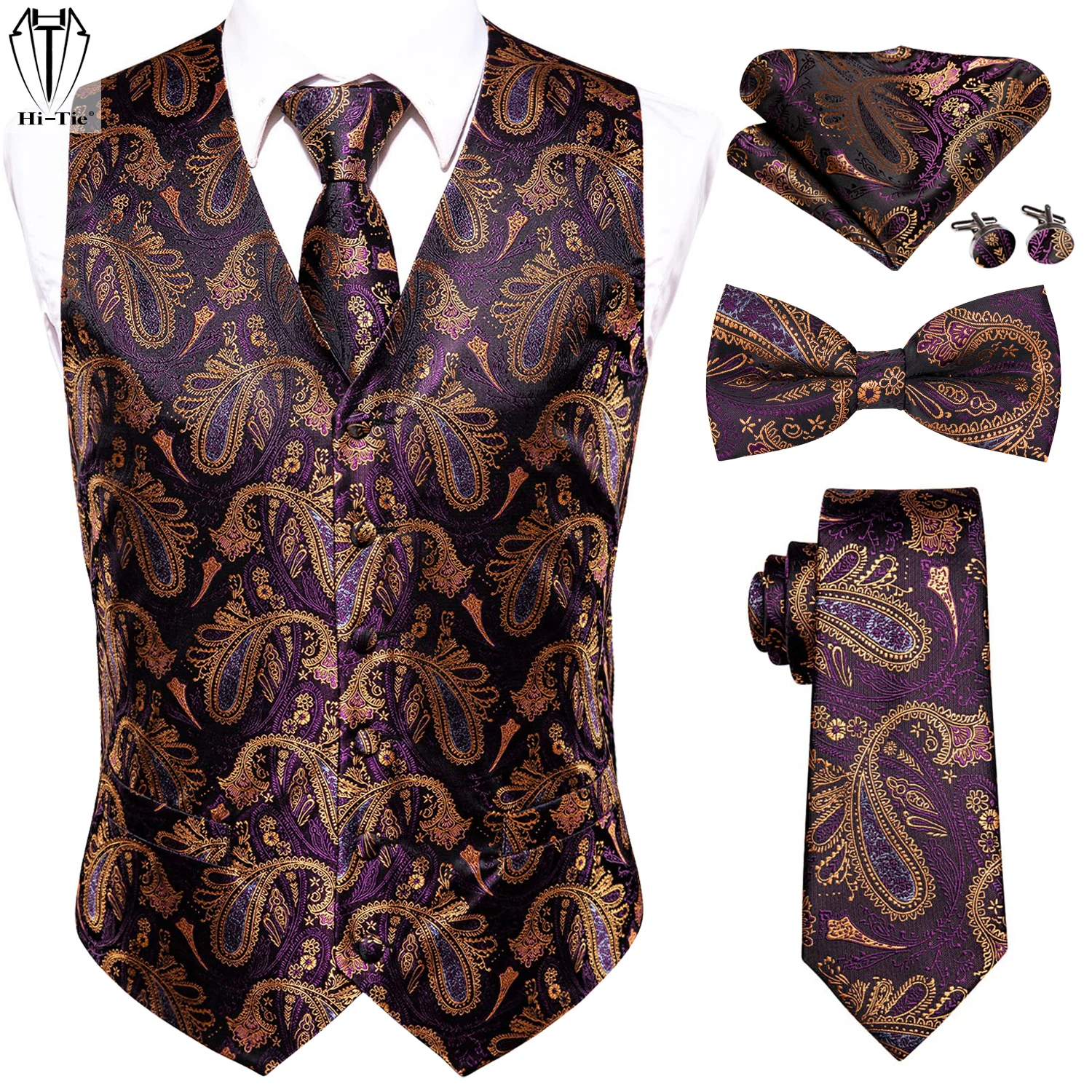 

Hi-Tie Purple Paisley Silk Mens Vest with Matching Tie Bowtie Hanky Cufflinks Set Jacquard Suit Waistcoat Sleeveless Jacket Gift