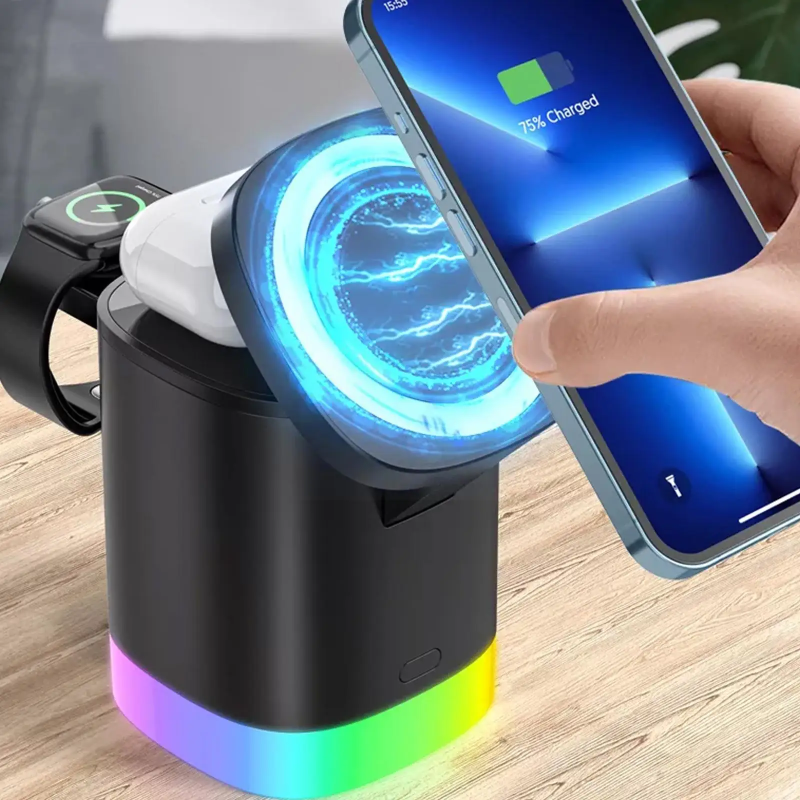 

Магнитная Беспроводная зарядная подставка 3 в 1 для IPhone 12 серии 13 Airpods Pro Наушники RGB подсветка I5P6