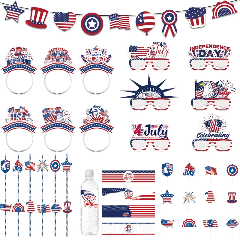 

American Independence Day Decoration Patriotic 4th of July Birthday Decor Banner Glasses Cake Flags Straws Stickers Set Supplies