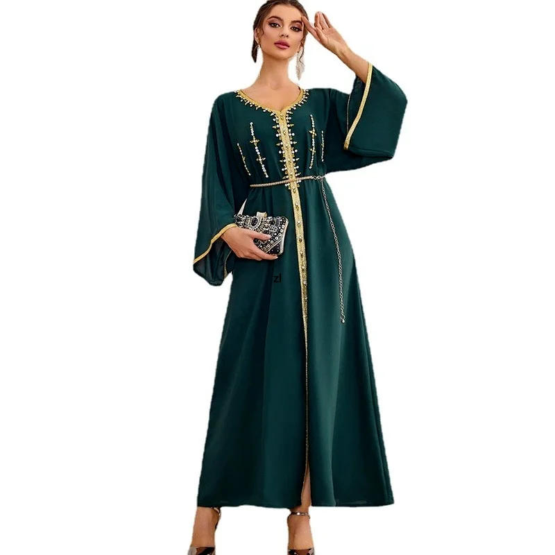 Ramadan Moroccan Kaftan Handsewn Diamonds Dubai Abayas for Women Black Party Evening Long Arabic Dress Muslim Caftan Jalabiya