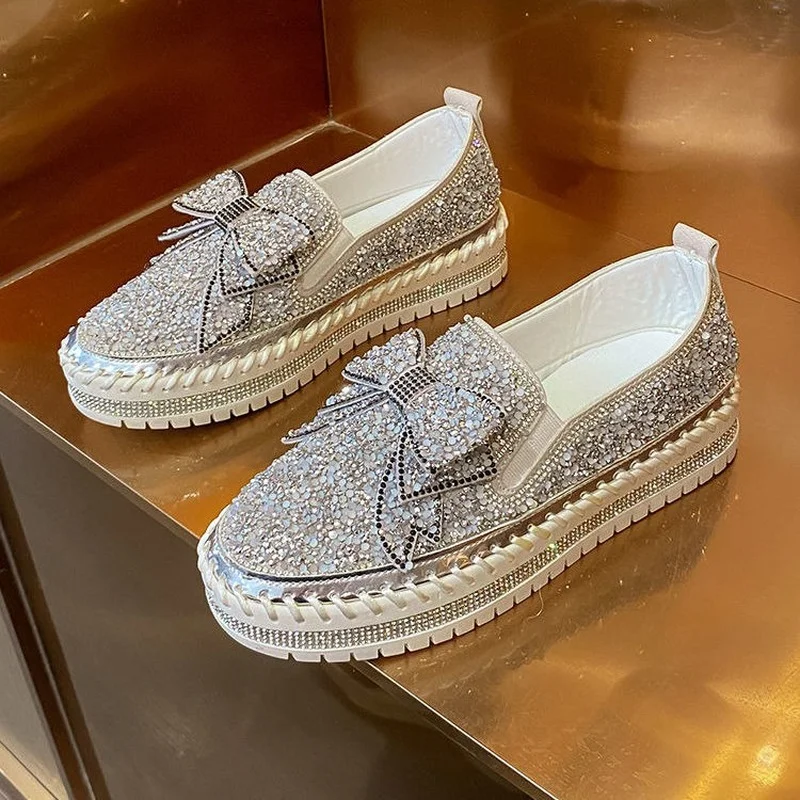 

Ladies Loafers Fashion Casual Thick-soled Shoes 2022 Autumn New Rhinestone Bow Women's Shoes Shallow Mouth Lazy Beanie Shoes