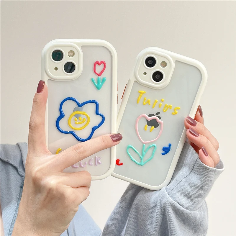 

3D Smile Flower Cartoon Hand Painted Shockproof Buffer Phone Case For iPhone 11 12 13 Pro Max X XS XR Xs Max Cover