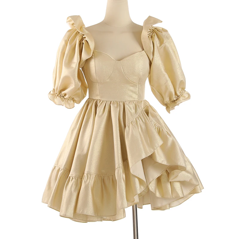 

PHOEBE HZ French Style Temperament Bubble Sleeves Peart Dress Shiny Puffles Irregular Slimming Princess Ball Gown Goddess Dress