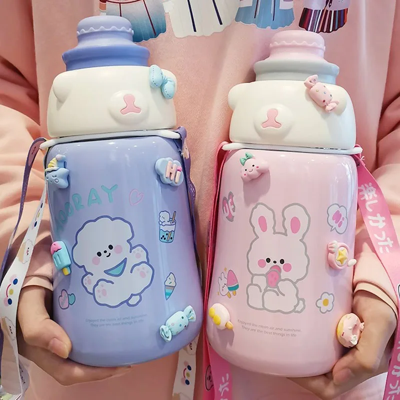 

Jumbo Stainless Steel Thermos Water Bottle With Straw Sticker Cute Kids Girl School Thermal Bottle Vacuum Flask For Gifts