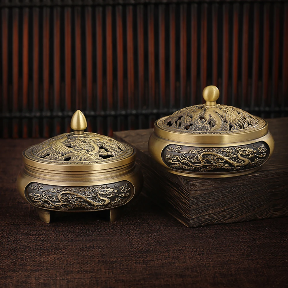 

Incense Burner Carved Pure Copper, 5 Sizes Sandalwood Three- Legged Stove Office Home Chinese Style Incense Burner with Lid