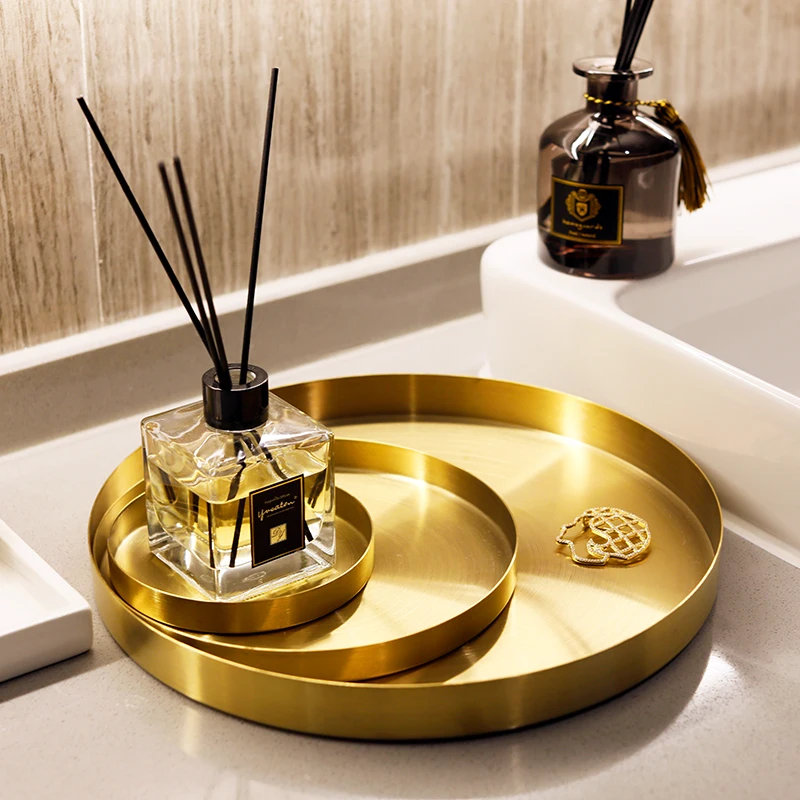 Home Decor Golden Storage Tray Round Jewelry Desktop Display Plate Retro Kitchen Dinner Scissors Organizer |