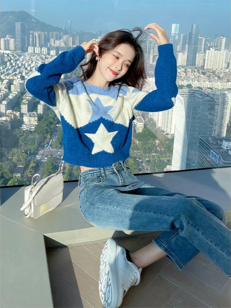 

Contrast Color Jacquard Sweaters Autumn Winter Long Sleeve O Neck Women Pullovers Preppy Style Sweet Casual Loose Crop Tops