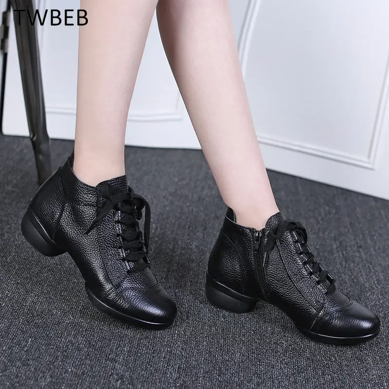 

Breathable Dance shoes female Sailor sports shoes woman top layer modern dance Jazz cowhide square soft sole sneakers