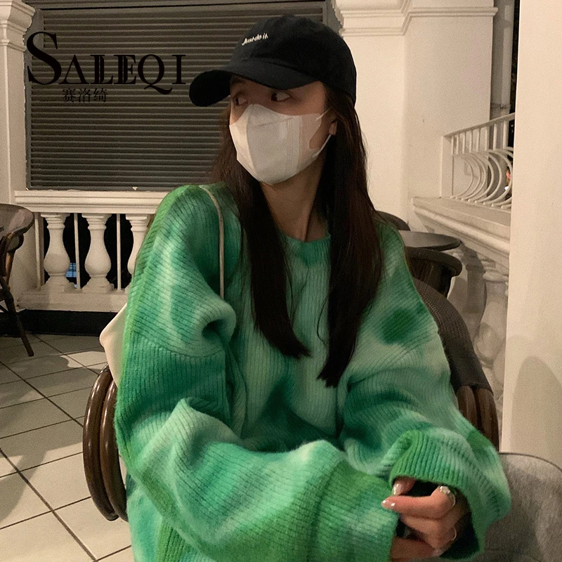 

Tie Dye Women's Sweater Winter Clothing Baggy Lazy Vintage Crew Neck Soft Knitting Y2K Street Casual Pullover Tops Wool Sweater