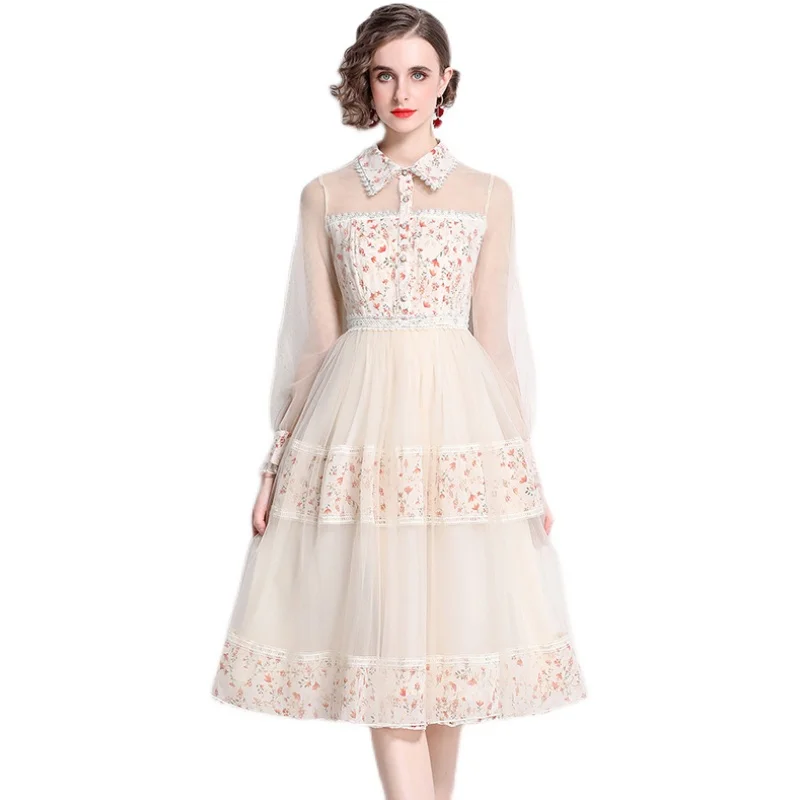 

2022 Elegant Spring Turn-down Collar Embroidery Shirt Dress Sweet Women Mesh Flower Print Pearl Button Ball Gown Party Dress
