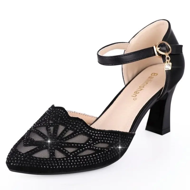 

Women's Sandals Spring Summer Elegant Mid-heel Hollow Mesh Pumps Black High Heels Party Fashion Casual Breathable Shoes High New