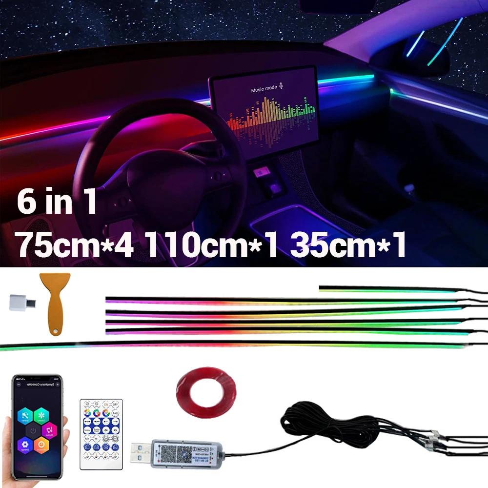 

RGB автомобильный светодиодный внутренний светильник, полоса приборной панели, управление через приложение, светодиодный акриловый окружающий свет, атмосферная лампа, неоновые украшения, аксессуары