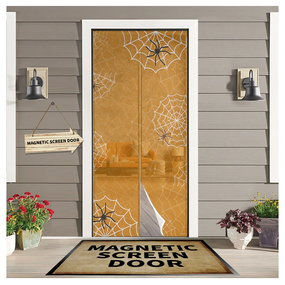 

Halloween Net Orange Sheer Door Curtain Mosquito-proof Kitchen Magnetic Hanging Curtains Window Screen Gauze Door Curtain