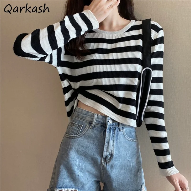 

Long Sleeve T-shirts Women Striped Crops Prevalent O-neck Simply Female Harajuku Knitted Casual All-match Ins Daily Comfortable