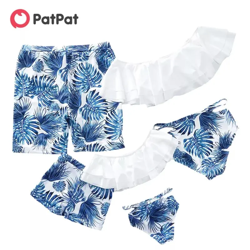PatPat New Arrival Summer Breezy Palm Leaf Family Matching Swimsuit Family Look Floral Full Print White Sets Matching Swimwear