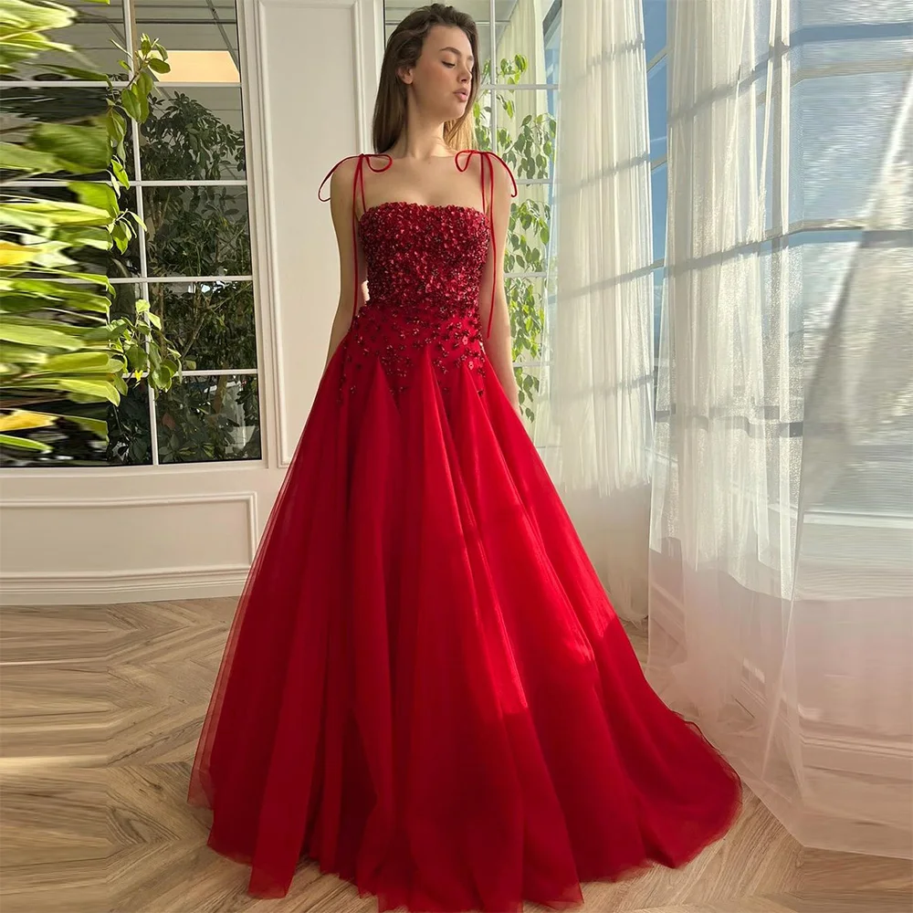 

Sevintage Red Tulle Prom Dresses Crystal Beading Sequined Spaghetti Straps A-Line Evening Gowns Celebrity Dress 2023