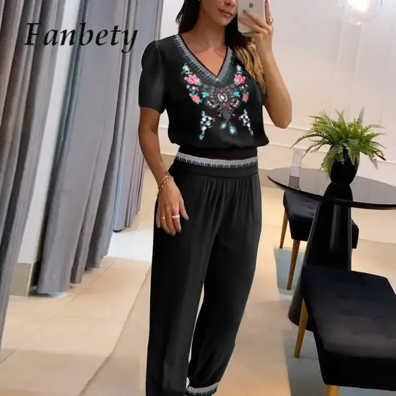 

Fashion V-neck T Shirts with Long Pants Sets Summer Casual Short Sleeve Slim Sets Elegant Flower Printed Set Woman 2 Pieces