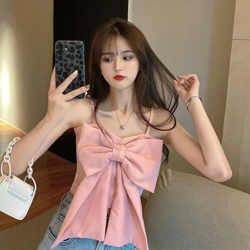 

Новое поступление 2022, модный летний женский топ в Корейском стиле, однотонный пикантный короткий топ без рукавов с большим бантом