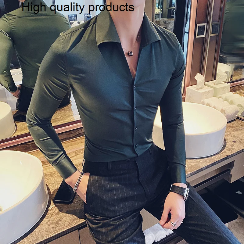 

2023 British Style Men Spring High Quality V-neck Shirt With Long Sleeves/Male Slim Fit Casual Business Dress S-3XL