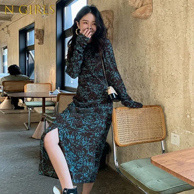 

N GIRLS Long Sleeve Dress Women Elegant Midi Floral Tender French Style Night Party Retro Boho Classic Ulzzang Hole Slit Y2k