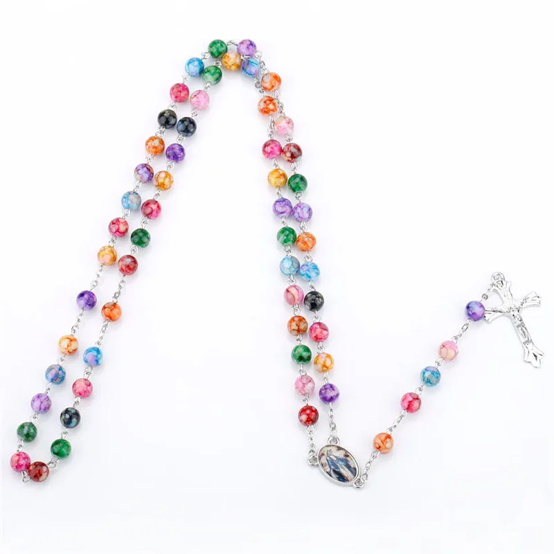 

Religious Jewelry Fashion Catholic Colorful Round Beads Virgin Mary Pendant Cross Rosary Necklace Present For Unisex