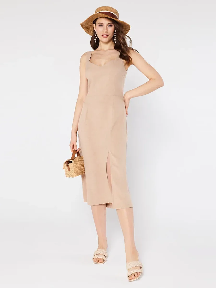 

Women Vintage Front Spaghetti Strap A-line Party Dress Sleeveless V neck Solid High Street Casual Dress For Women 2022 Summer