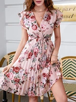 women sexy deep v wrap neck floral print pleated mini belted dresses summer holiday beach vestidos