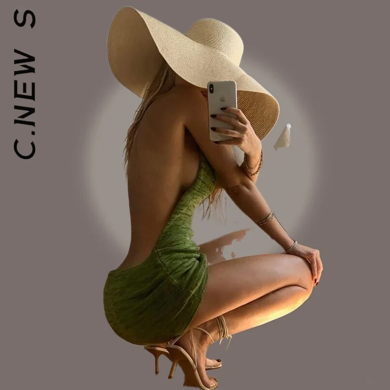 

C.New S Fashion Halter Sexy Backless Mini Dresses Bodycon Sleeveless Knitted Dress Elastic Robe Girl Clothing Female Vestidos