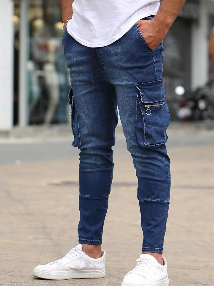 

Джинсы мужские облегающие на молнии, уличная одежда, брюки-карандаш с множеством карманов, узкие брюки в стиле хип-хоп, черные и синие деним ...
