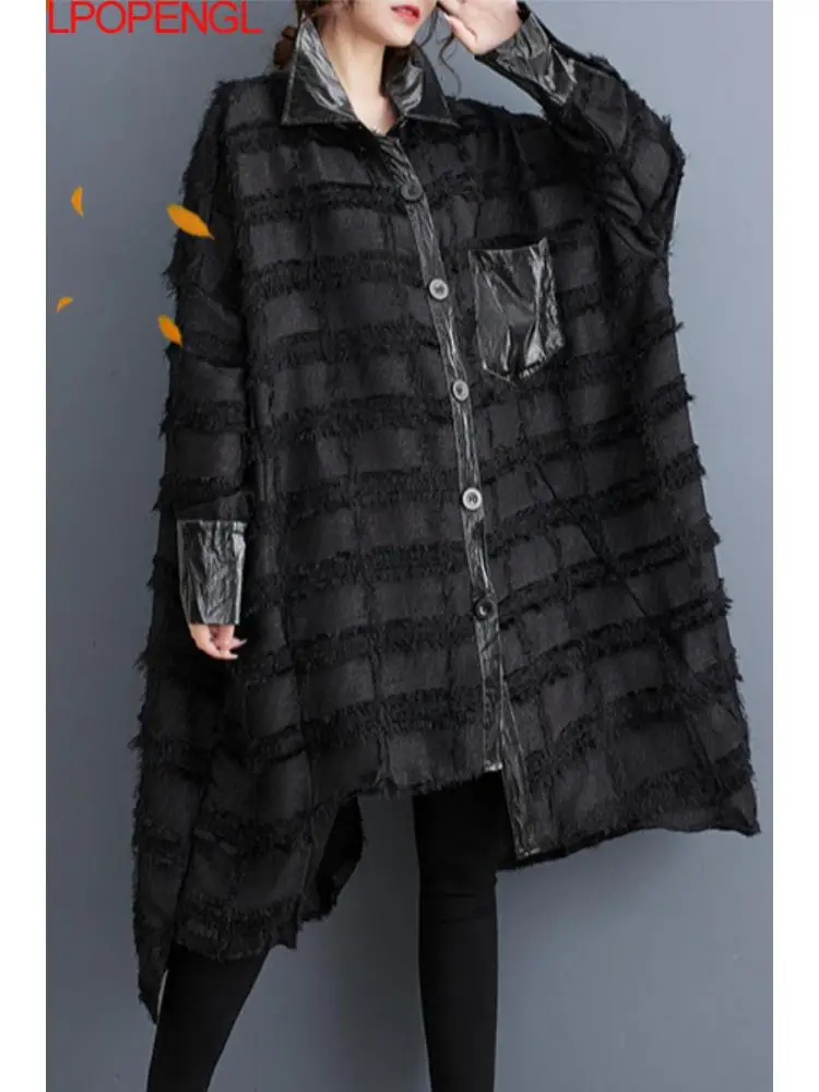 

Женский свободный Тренч в стиле панк, повседневный однобортный Асимметричный Тренч большого размера с рукавами летучая мышь, темно-черный, в Корейском стиле, осень