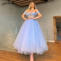 sky blue a line sparkly crystal beading ankle length evening dresses prom gowns off the shoulder sweetheart backless party dress