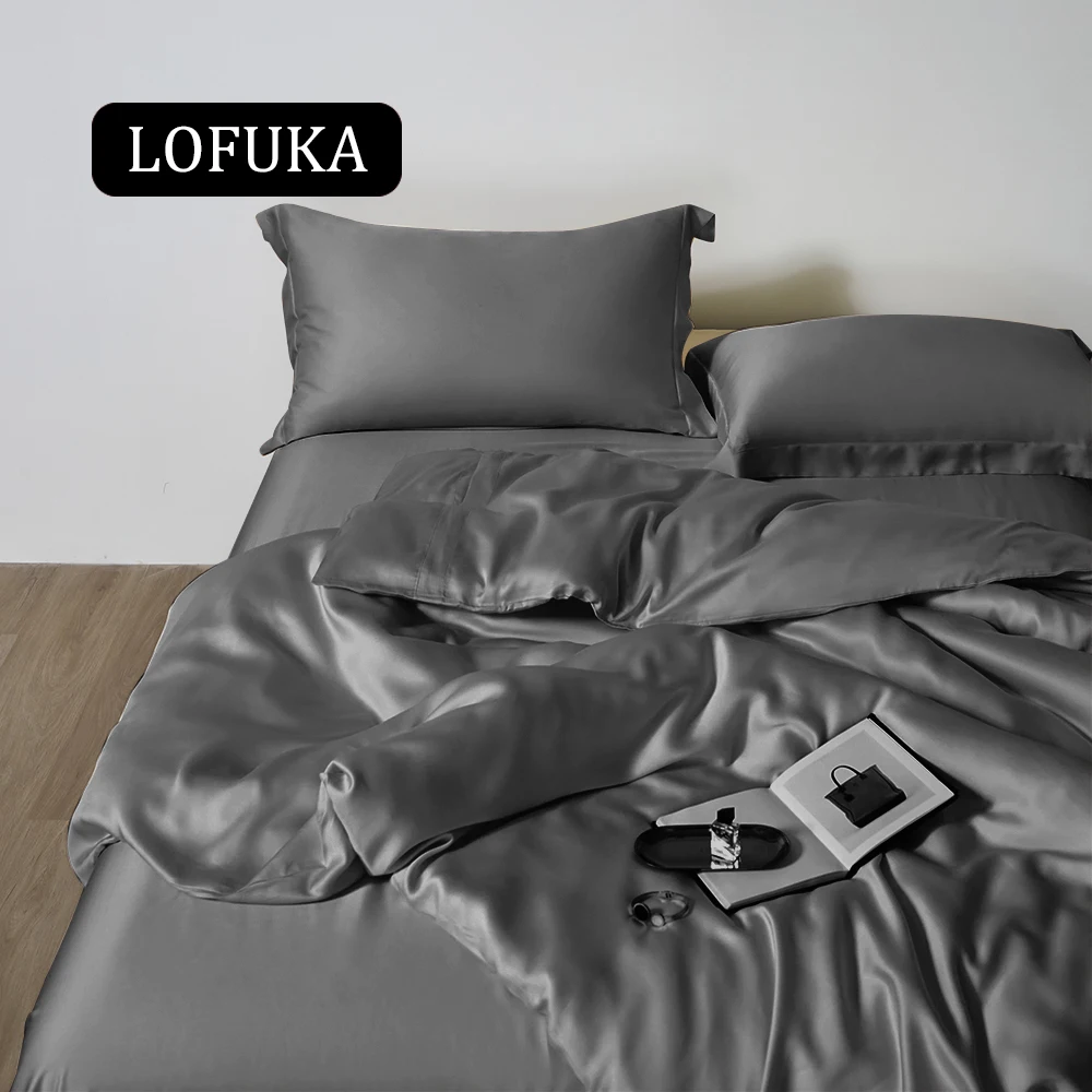 

Lofuka Deep Sleep Top Grade Dark Gray 100% Silk Bedding Set Silky Health Duvet Cover Double Queen King Bed Sheet Pillowcase