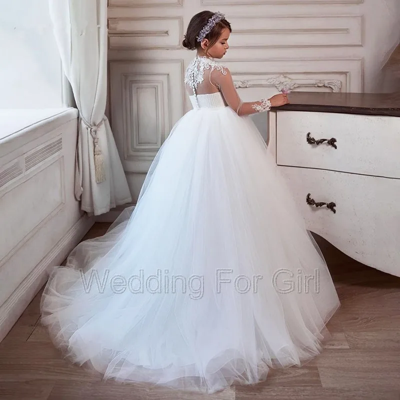 

Elegant Illusion Lace Princess Sheer Long Sleeve Wedding Gowns Party Kid Birthday Dress First Communion Gown Flower Girl Dresses