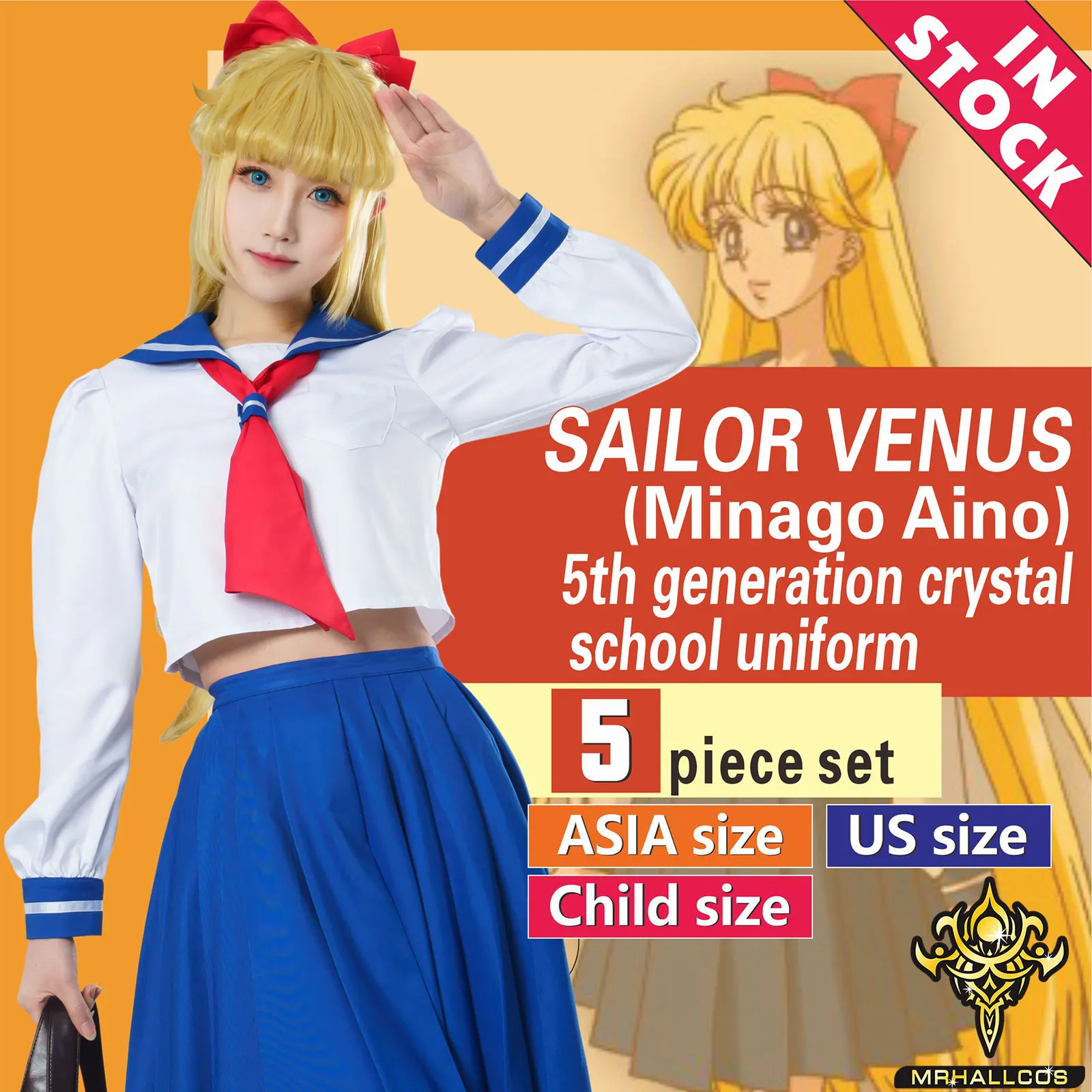 MRHALLCOS Anime Sailor Moon Venus Minako Aino Crystal school uniform Outfits Costume Halloween JK Party Kid Adult Women PlusSize