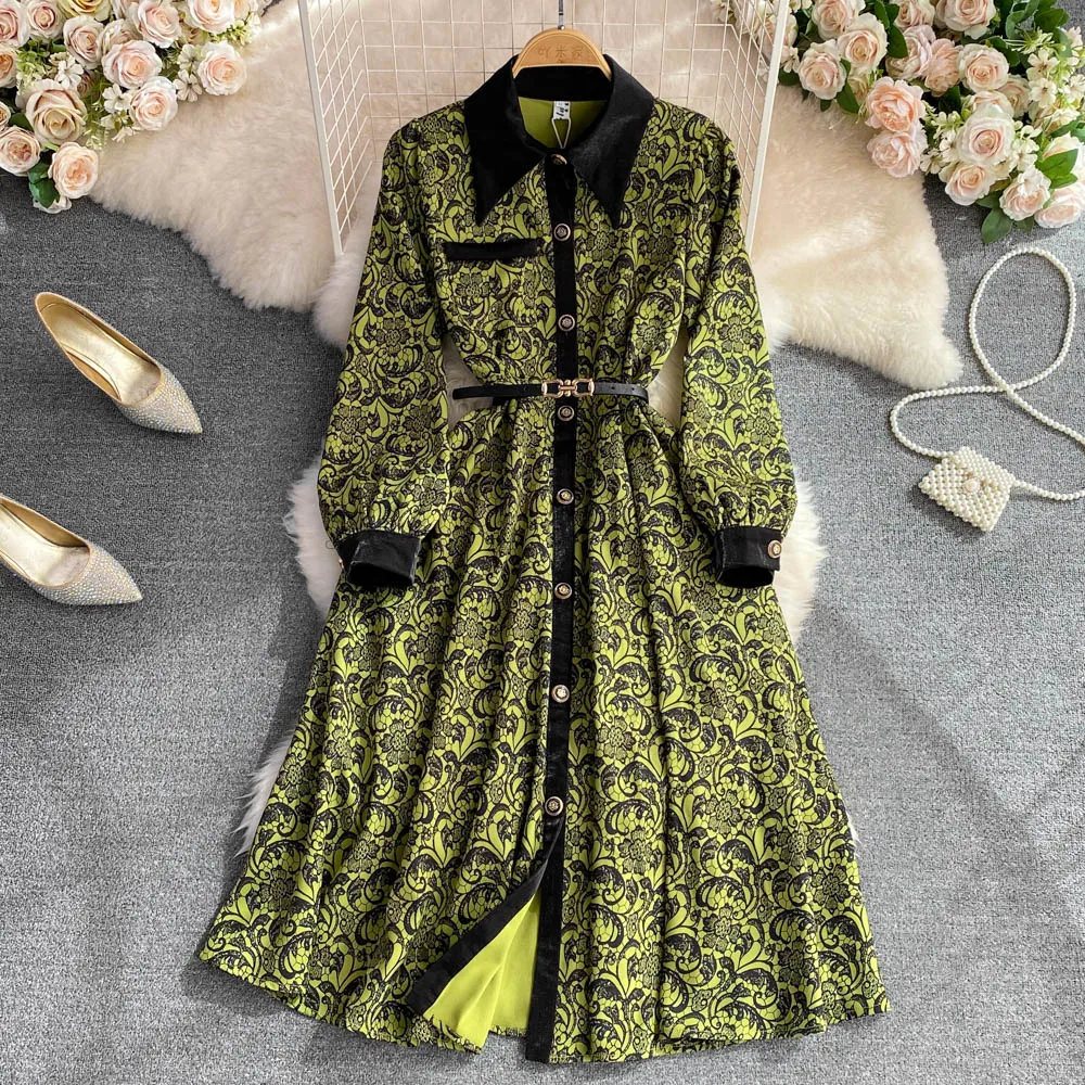 

Lapel Long Sleeve Waist Slim Single Breasted A-Line Jacquard Dress Long Skirt